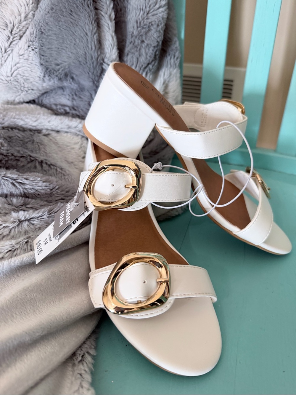 White Block Heel Sandals with Gold Buckle Detail